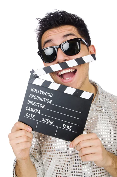 Man met film clapperboard geïsoleerd op wit — Stockfoto