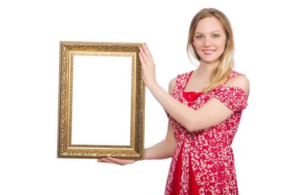 Woman holding picture frame isolated on white — Stock Photo, Image