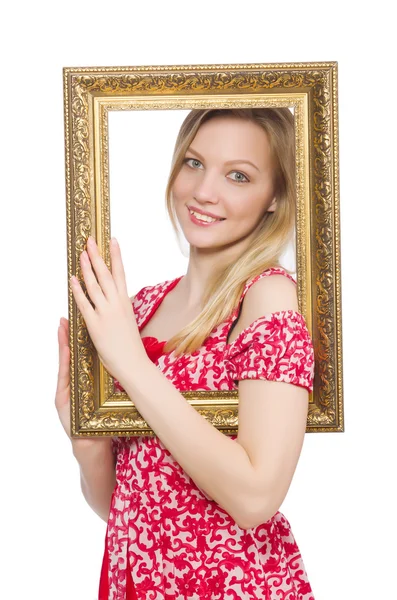 Mulher segurando quadro de imagem isolado no branco — Fotografia de Stock