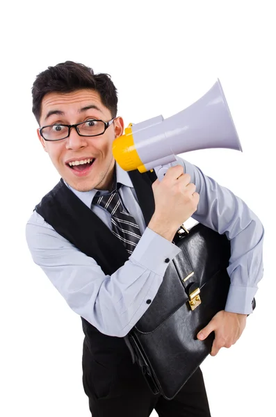 Young businessman with loudspeaker on white — Stock Photo, Image