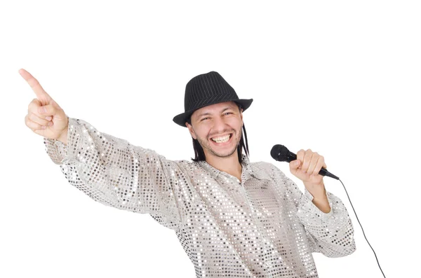 Hombre con micrófono aislado en blanco — Foto de Stock