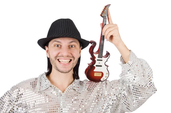 Mann mit kleiner Gitarre in witzigem Musikkonzept — Stockfoto