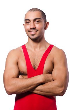 güreşçi üzerinde beyaz izole Kırmızı elbiseli