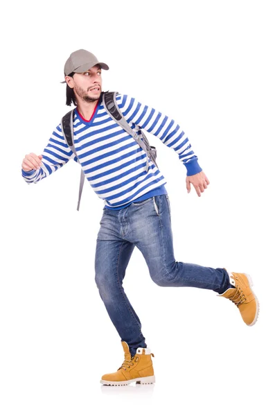 Estudante com mochila isolada no branco — Fotografia de Stock