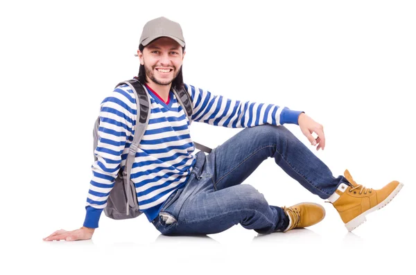 Étudiant avec sac à dos isolé sur le blanc — Photo