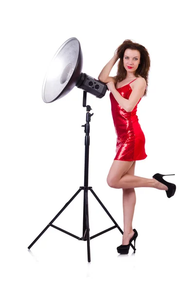 Woman in red dress posing in the studio — Stock Photo, Image