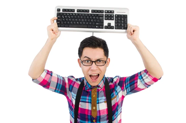 Nerd del computer con tastiera isolata su bianco — Foto Stock