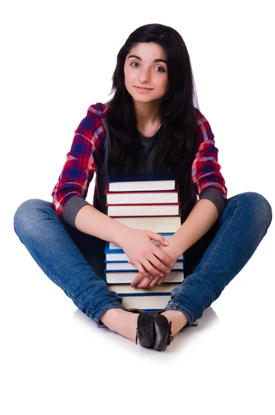 Jovem estudante com livros isolados em branco — Fotografia de Stock