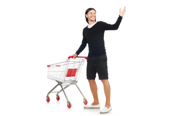 白に隔離されたスーパーマーケットバスケットカートを持つ男のショッピング — ストック写真