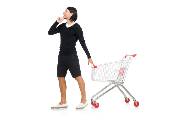 Hombre de compras con carrito cesta de supermercado aislado en blanco — Foto de Stock