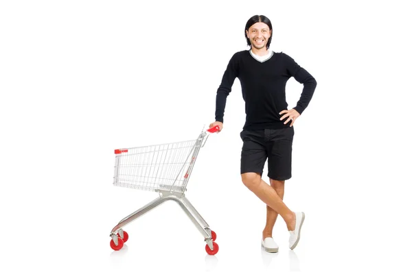 Hombre de compras con carrito cesta de supermercado aislado en blanco — Foto de Stock