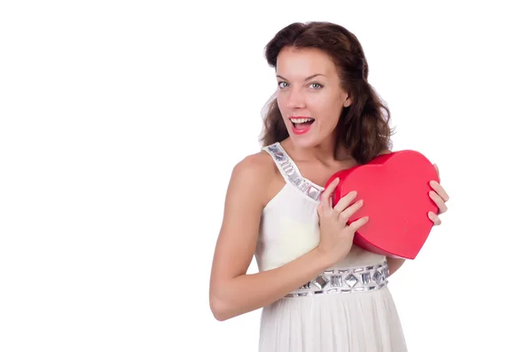 Mujer con caja de regalo aislada en blanco — Foto de Stock