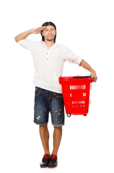 Uomo shopping con carrello supermercato isolato su bianco — Foto Stock