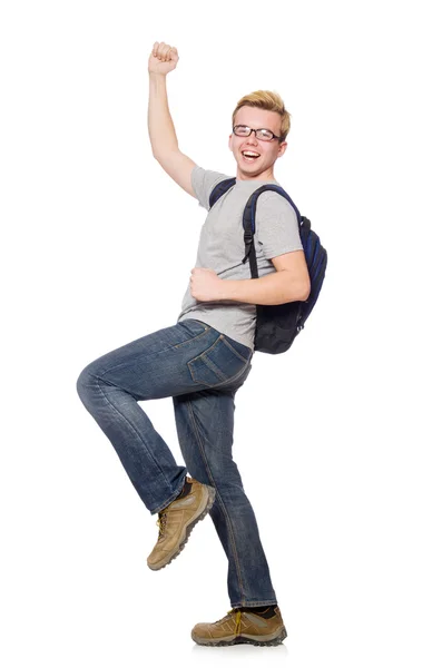 Estudante com mochila isolada no branco — Fotografia de Stock