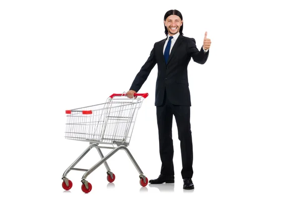 Uomo shopping con carrello supermercato isolato su bianco — Foto Stock