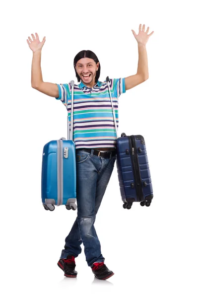 Young man travelling with suitcases isolated on white — Stock Photo, Image