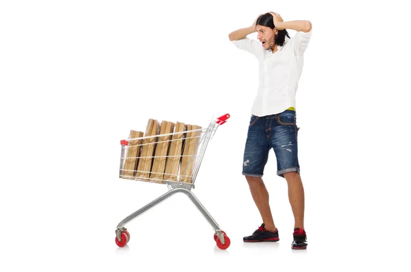 Hombre de compras con carrito cesta de supermercado aislado en blanco — Foto de Stock