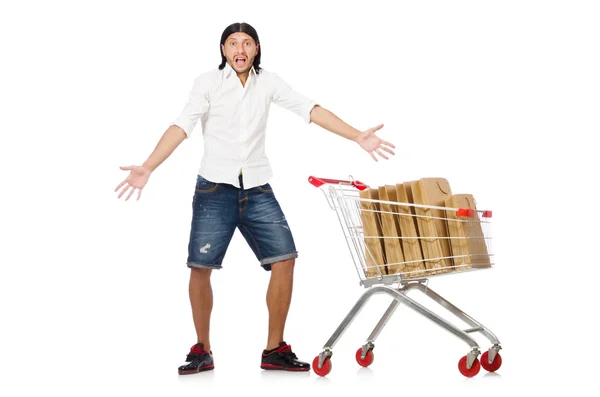 Hombre de compras con carrito cesta de supermercado aislado en blanco —  Fotos de Stock