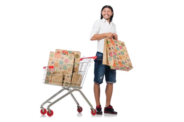 Man shopping with supermarket basket cart isolated on white — Stock Photo, Image