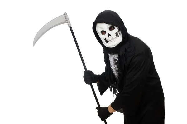 Scary monster with scythe isolated on white — Stock Photo, Image