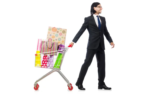 Homme shopping avec panier de supermarché panier isolé sur blanc — Photo