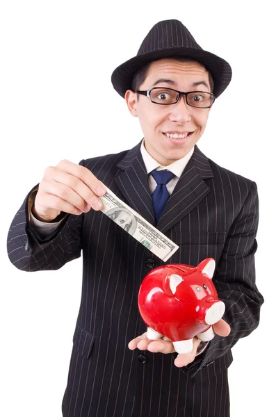 Funny man with piggybank on white — Stock Photo, Image