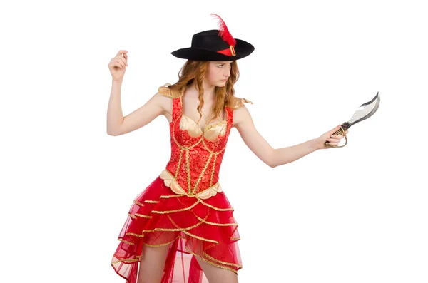 Woman pirate with knife on white — Stock Photo, Image