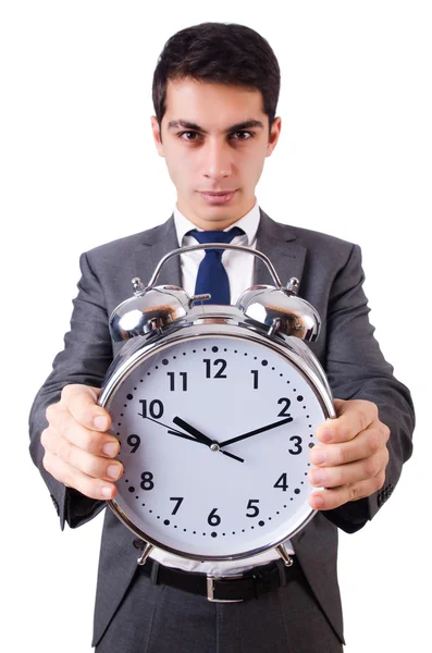 Człowiek boi się przegap terminu na białym tle zegar — Zdjęcie stockowe