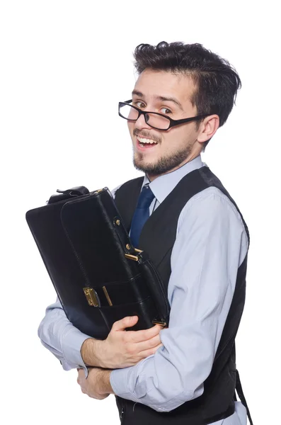 Забавный бизнесмен с портфелем, изолированным на белом — стоковое фото