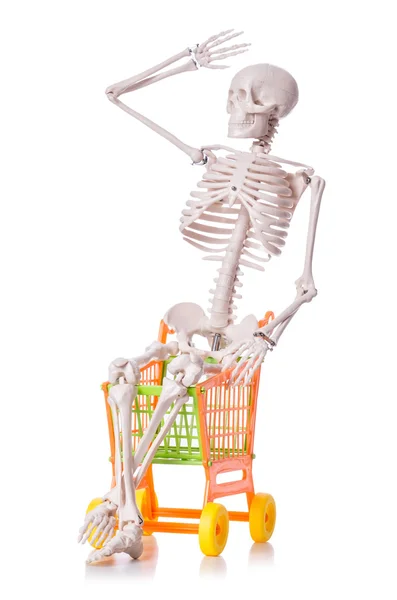 Skeleton with shopping cart trolley isolated on white — Stock Photo, Image