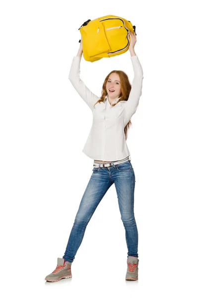 Vrouw met rugzak geïsoleerd op wit — Stockfoto