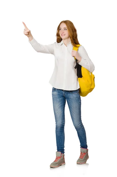 Jovem estudante com mochila isolada em branco — Fotografia de Stock