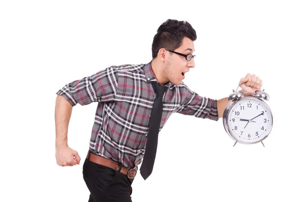 Man with clock trying to meet the deadline isolated on white — Stock Photo, Image