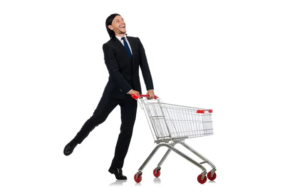 Man shopping with supermarket basket cart isolated on white Stock Image