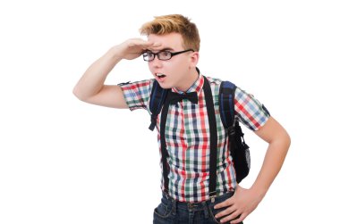 Sırt çantalı öğrenci beyaza izole edilmiş.