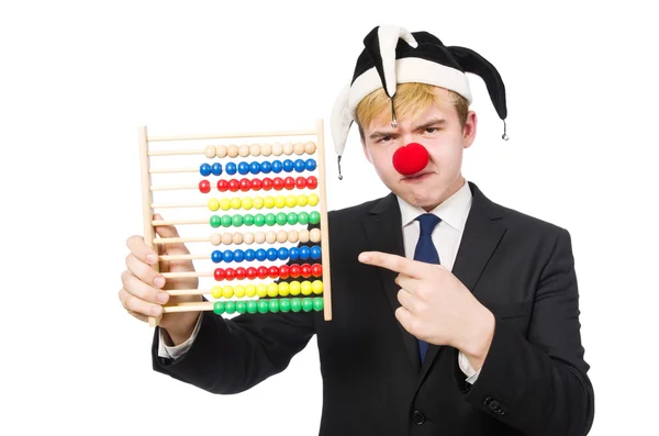 Clown mit Abakus isoliert auf weiß — Stockfoto