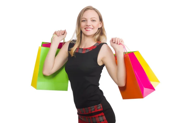 Donna dopo lo shopping baldoria su bianco — Foto Stock