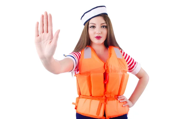 Woman with orange vest isolated on white — Stock Photo, Image