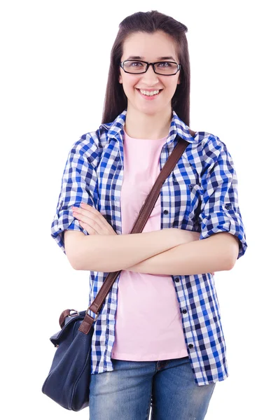 Vrouw met rugzak geïsoleerd op wit — Stockfoto