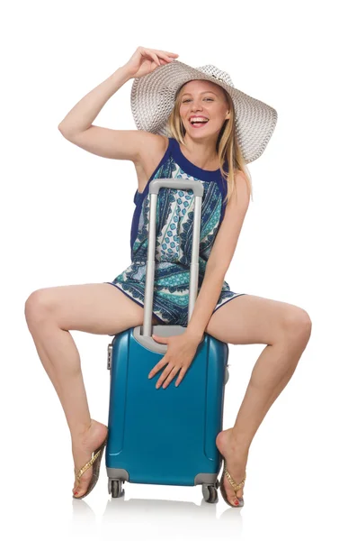 Woman preparing for summer vacation on white — Stock Photo, Image