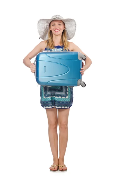 Woman preparing for summer vacation on white — Stock Photo, Image