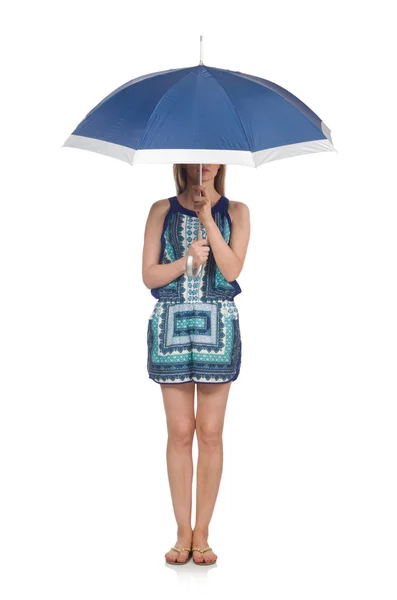 Woman with umbrella isolated on white — Stock Photo, Image