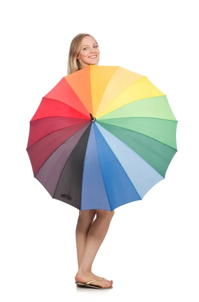 Woman with umbrella isolated on white — Stock Photo, Image