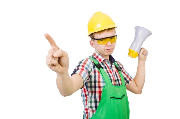 Trabalhador de construção engraçado com alto-falante em branco — Fotografia de Stock