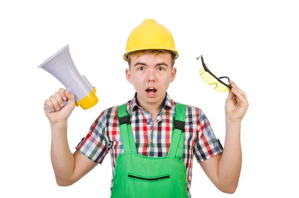 Funny construction worker with loudspeaker on white — Stock Photo, Image