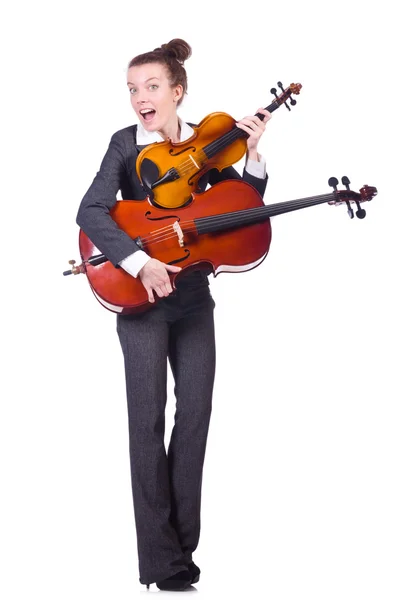 Donna divertente suonare il violino isolato sul bianco — Foto Stock