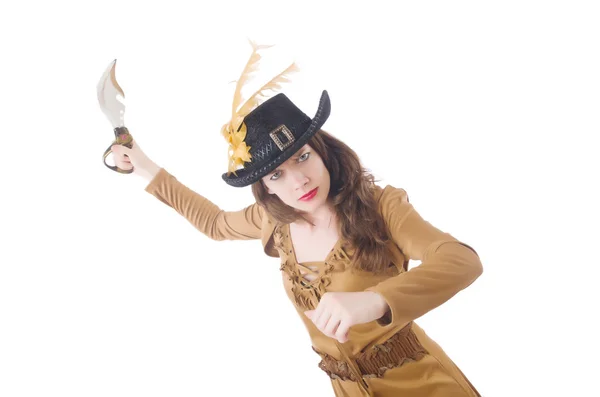 Woman pirate with knife on white — Stock Photo, Image