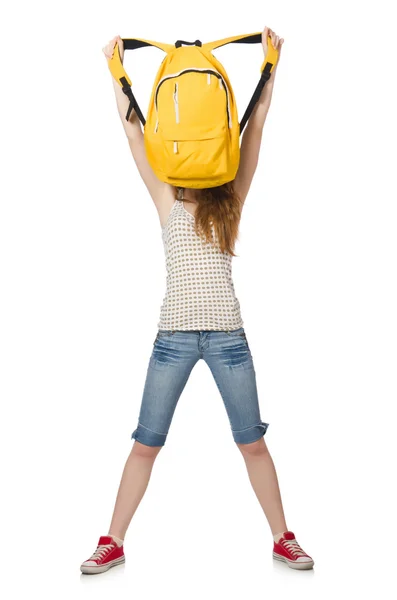 Mujer con mochila aislada en blanco — Foto de Stock