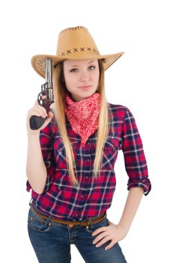 Silahlı kadın kovboy beyazlara izole edilmiş.