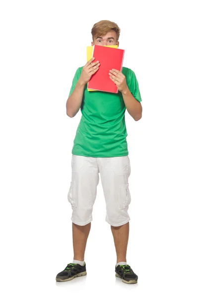 Leerling met leerboeken geïsoleerd op het wit — Stockfoto
